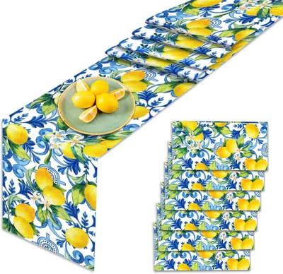 Produktbild von 6 Tischläufer in Blau-Weiß mit Zitronenmotiv für Frühling und Sommer