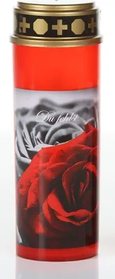 Produktbild von Schlaraffenland große LED Grabkerze mit Motiv, 21 cm hoch, Brenndauer von bis zu 200 Tagen, flackerlicht, Grablaterne Wind und Regenfest, Grablampe (Rose, Du fehlst, rot)