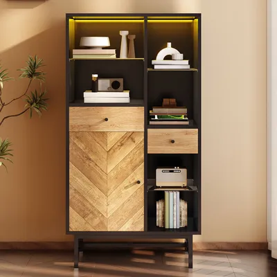 Produktbild von Flieks Vitrine mit LED, Hochschrank mit 2 Schubladen, Kommode mit Glasböden, Beistellschrank für Wohnzimmer Büro Esszimmer, Holzfarbe Schwarz