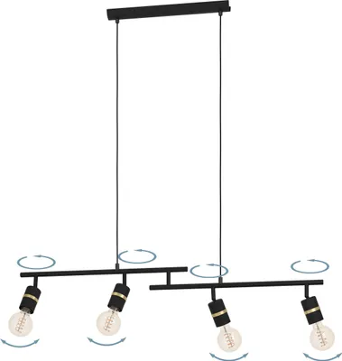 Produktbild von EGLO Hängelampe Lurone, Esstisch Pendelleuchte mit 4 beweglichen Spots, Esszimmerlampe aus Metall in Schwarz und Messing, Hängeleuchte mit E27 Fassung