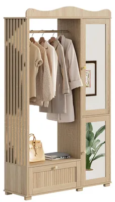 Produktbild von Moderner Garderobenschrank mit Ganzkörperspiegel, offene Kompaktgarderobe aus MDF mit Kleiderstange, Schublade und 2 Türen für Flur und Schlafzimmer