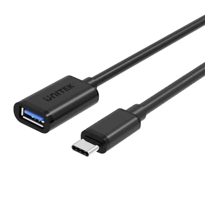 A black USB-C to USB-A adapter cable is shown against a white background.