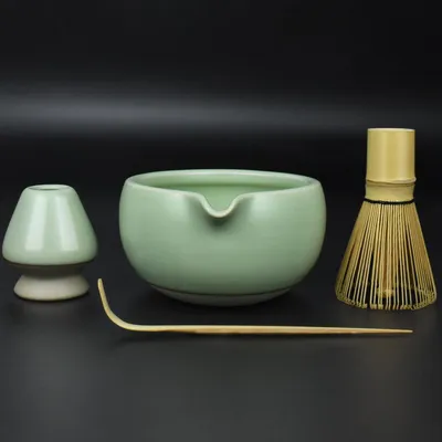 Immagine prodotto di Set per la cerimonia del tè Matcha, 4 pezzi: Vetroceramica, bambù, con bollitore, frusta per tè, cucchiaio