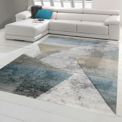 Image de Tapis moderne salon motif abstrait rayé multicolore gris bleu or - facile d'entretien Taille - 160 x 230 cm