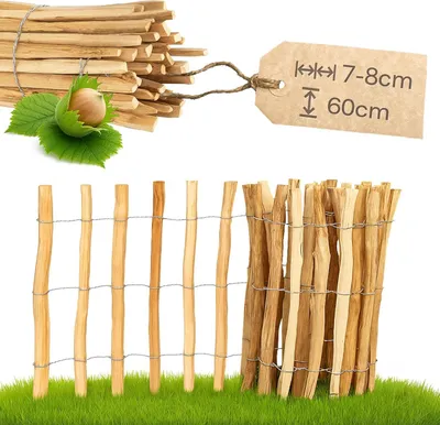 Obrázek produktu pro Plot z lískového oříšku PINEEA 60 cm vysoký – 5 m dlouhý dřevěný plot pro zahradu, ochranu rostlin a dekorace – odolný vůči povětrnostním vlivům – rozteč lamel 7–8 cm