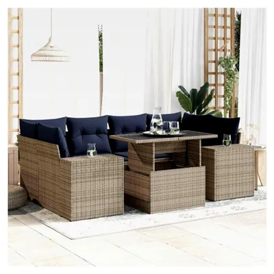 Produktbild von 7-teiliges Gartensofa-Set grau mit Kissen aus Polyrattan und Akazie für den Außenbereich