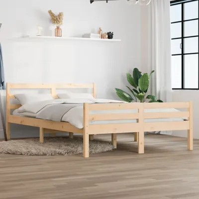 A wooden bed frame with white bedding is shown in a room with a window and plants.