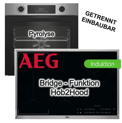 Produktbild von Herdset Beko Backofen Pyrolyse + AEG Induktionskochfeld 80cm Bridge PowerBoost Hob2Hood Edelstahl