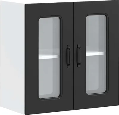 A black cabinet with glass doors and white interior, isolated on a white background.