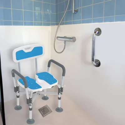 Produktbild von XMTECH Duschstuhl Badehocker mit Ausschnitt, Höhenverstellbarer Badestuhl bis 200kg, Mit Armlehnen und Rückenlehne, Sicher und Komfortabel für Dusche