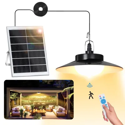 A solar-powered pendant light with a solar panel and a remote control, shown in a lifestyle setting of an outdoor patio.