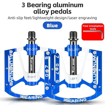 Image de Pédales de vélo - Pédales ultra-légères pour VTT et vélo de course - Alliage d'aluminium usiné par CNC - 3 roulements à billes - Antidérapantes - Bleues
