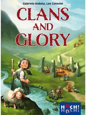 A board game cover art depicting a pastoral scene with people, sheep, and stone structures, set in a mountainous landscape.