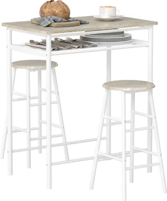 Image de HOMCOM Ensemble table de bar avec tabourets, table à manger debout avec 2 chaises, étagère et pieds en métal, style industriel, table haute bar et 2 tabourets pour salle à manger, cuisine, blanc