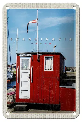 Produktbild von Blechschild Reise 12x18cm Skandinavien Meer Stromly rotes Haus Schild