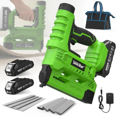 Obrázek produktu pro Elektrický hřebíkovač a sponkař – 2 v 1, akumulátorový nástroj – pro hřebíky o průměru 18 gauge – 2 akumulátory o kapacitě 2,0 Ah – ruční zařízení – určené pro nábytek