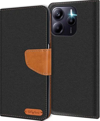 A flip case for a smartphone, shown open with the phone inside.