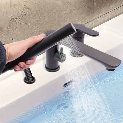 Produktbild von Schwarzes Badezimmer-Armaturen-Set mit Handbrause und schwenkbarem Auslauf, zur Wandmontage
