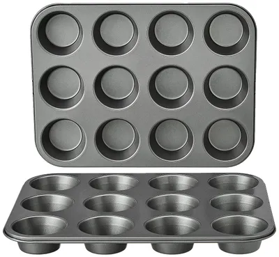 Produktbild von Amazon Basics Rund Backblech für Muffins, antihaftbeschichtet, Kohlenstoffstahl, 2er-Pack, Grau, 13.9"x10.55"x1.22"