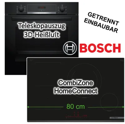 Produktbild von BOSCH Herdset Backofen 3DHeißluft Hydrolyse Teleskopauszug + Induktionsfeld 80cm PowerBoost Flexzonen