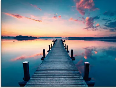 Produktbild von ARTland Glasbild Langer Pier am See im Sonnenaufgang Größe: 80x60 cm