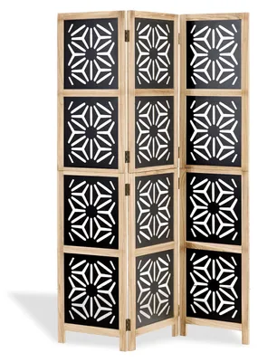 Image de Paravent Séparateur de Pièce 3 Parties Cloison en Bois Ornamentation Écran de Confidentialité Natural Noir