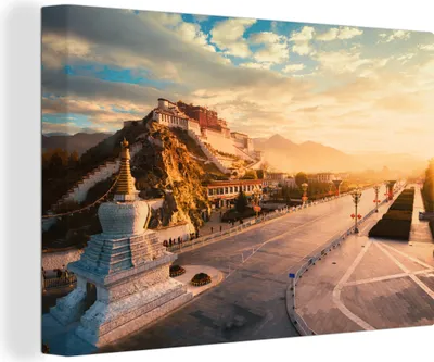 Obrázek produktu pro OneMillionCanvasses® - Obrazy na plátně - 140x90 cm, Působivý západ slunce v paláci Potala, Nástěnné umění Tisk Nástěnná dekorace - Fotografie na plátně - Malba na plátně
