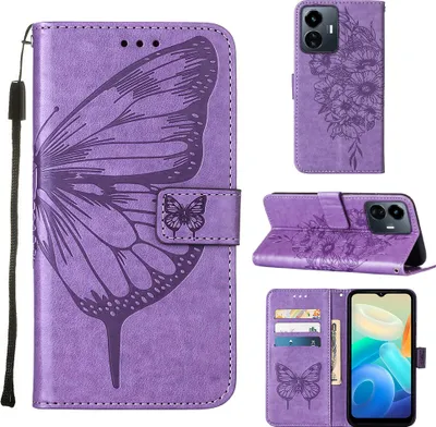 Produktbild von VIVO Y77 5G Hülle, Schmetterling Prägung Flip Leder Kartenfächer Schutzhülle Ledertasche mit Ständer für VIVO Y77 5G Violett