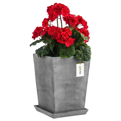 Produktbild von Blumentopf Blumenübertopf mit Untersetzer Blumenbehälter Quadrat BxH: 21,5 cm x 29 cm Grau Matte Oberfläche, Schlicht und minimalistisch, Intern Hoch, Abfluss unten, Ständer Orchidee Vase Keramik Mode