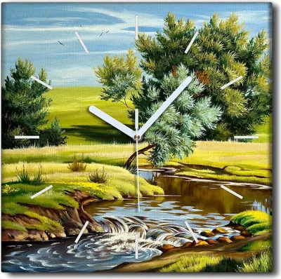 Produktbild von Coloray Uhr auf Leinwand 30x30 cm Wand Uhr Dekoration Wohnzimmer Segeltuch weiße Zeiger -Landschaft des Sommerflusses
