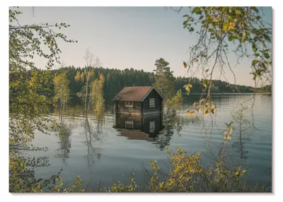 Produktbild von POSTER - 42x29 cm (A3) - Obel Z. - Seehaus mit Spiegelung des Waldwassers – Ruhe - Wandbild für Wohnzimmer Schlafzimmer & Flur, Modernes Poster Wanddeko, Ungerahmt