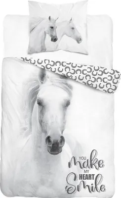 A bedding set featuring a close-up of a white horse's head and a pattern of horseshoes.