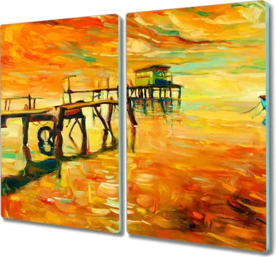Produktbild von Coloray Schneidebrett Herdabdeckplatte 2x30x52 cm Kochplattenabdeckung Hackbrett Küchenbrett - Hafen Sonnenuntergang Himmel