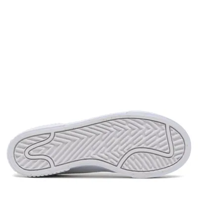 The sole of a white sneaker is shown against a white background.