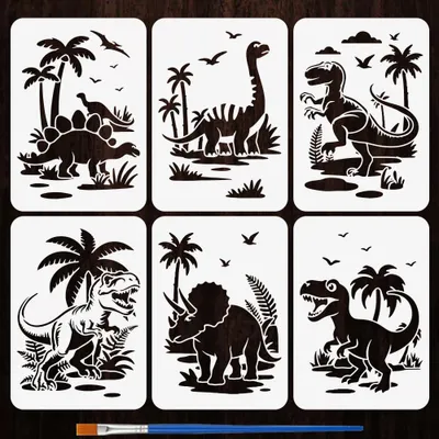 Productafbeelding van Set van 6 Dinosaurusstencils met Penseel 29,7x21cm voor Creatief Schilderen