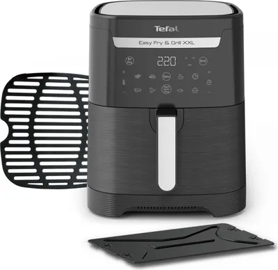 A Tefal Easy Fry & Grill XXL air fryer and its accessories are displayed on a white background.