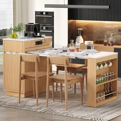 Immagine prodotto di Isola da cucina MODFU con ruote, piano estendibile 109 cm, tavolo multifunzionale con illuminazione LED, porte USB/Type-C, spazio contenitivo, cassetti, finitura effetto marmo bianco e aspetto legno