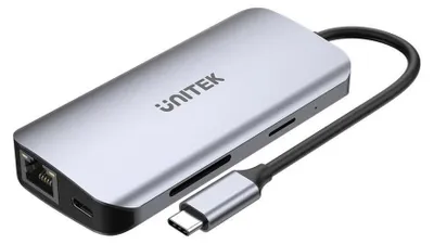 Zdjęcie produktu dla UNITEK D1122A01, 2 x USB 3.2 Gen 2 (3.1 Gen 2) Type-C, HDMI, RJ-45, USB 3.2 Gen 2 (3.1 Gen 2) Type-A, USB 3.2 Gen 2 (3.1 Gen 2) Type-C, 1000 Mbit/s, Szary, Aluminium, 100 W