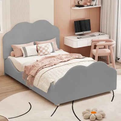 Produktbild von MODFU Polsterbett Kinderbett 90 x 200 cm cm mit hohes Geländer, Jugendbett Einzelbett mit Kopfteil und Fußteil in wolkenförmigemform(Ohne Matratze), Samt Grau
