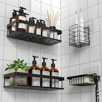Produktbild von PolkaHome® Duschregal ohne Bohren, Klebe-Wandmontage für Bad, Duschablage, Badezimmer-Organizer für Küche und Bad, Schwarz (mit