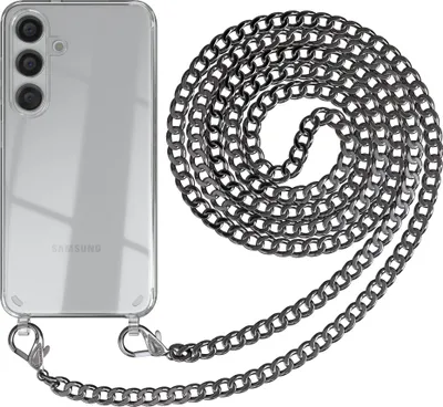 Produktbild von EAZY CASE Metall Handykette für Samsung Galaxy S24, Handyhülle mit Umhängeband, Silikonhülle, Metallkette für Smartphone in Grau