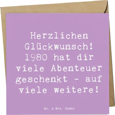 Produktbild von Mr. & Mrs. Panda Klappkarte Spruch 1980 Geburtstag Abenteuer - Lavendeltraum - Geschenk, Glückwunschkarte, anlasskarte, handgefertigte Geschenke, Geburtstagsgeschenk