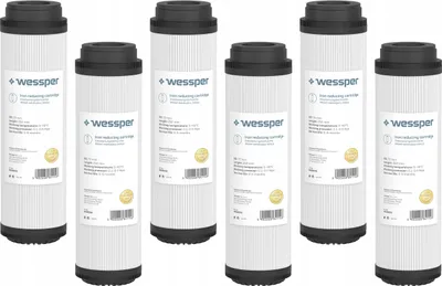A group of six water filter cartridges arranged in two rows.