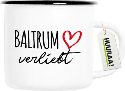 Produktbild von Huuraa Emaille Tasse Baltrum verliebt 300ml Vintage Campingbecher Geschenkidee