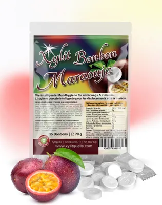 Produktbild von Xylit Birkenzucker Bonbons MARACUJA (Passionsfrucht) | 100% mit Xylit gesüsst | 70g Inhalt | 35 Bonbons einzeln verpackt | mit natürlichem Aroma | zah