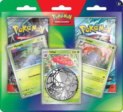 Immagine prodotto di Set da 2 Pokémon, bustine booster, blister "Viaggiatori": Myrapla, Giflor, Duflor. Nuovi e nella confezione originale