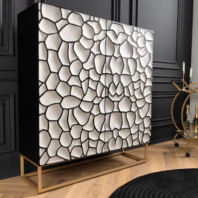 Produktbild von riess-ambiente Massivholz Highboard VULCANO 120cm weiß schwarz Mangoholz mit 3D Schnitzereien handmade Metallgestell gold Kommode Schrank