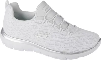 A white Skechers sneaker with silver accents.