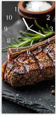 Produktbild von Wanduhr aus Glas mit Motiv Gegrilltes Steak- 30 x 60 cm - inkl. Aufhängesystem