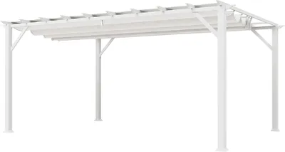 A white pergola structure with a retractable canopy, shown against a white background.